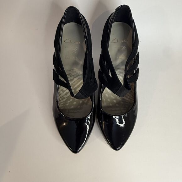 Clarks Womens Black Patent Leather Suede Slip On Heels Sz UK 4 US 6 Cushion Soft - Picture 2 of 8